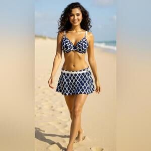 Rod Beattie M Navy & White Geometric Bikini Skirted Bottom